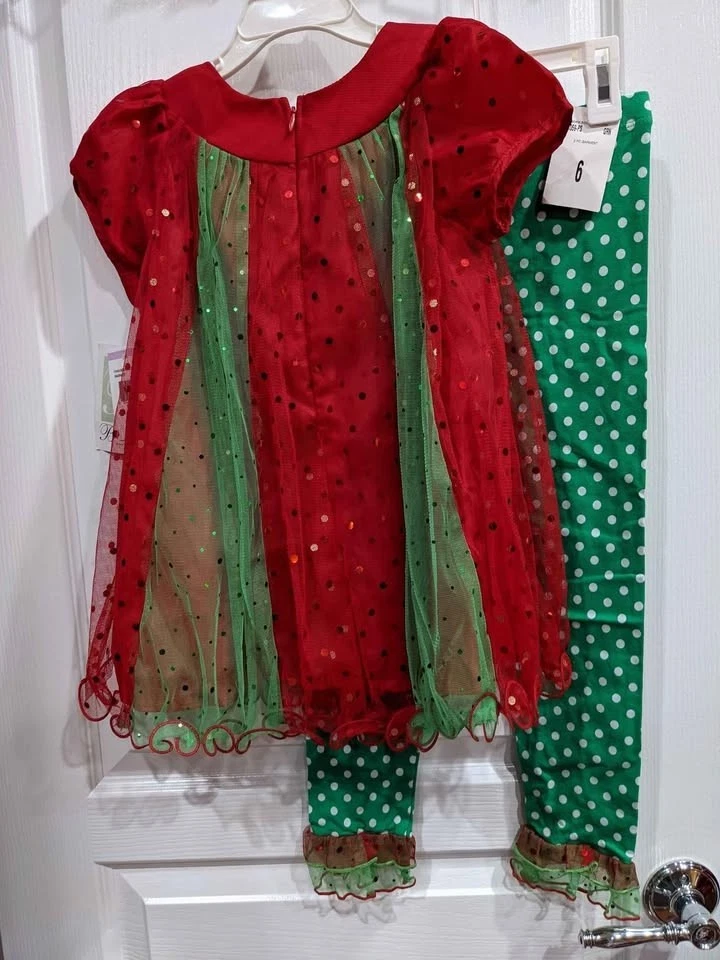 Bonnie Jean Niñas Navidad Vacaciones Rojo Verde Lunares Leggings Conjunto Foto 2 de 4