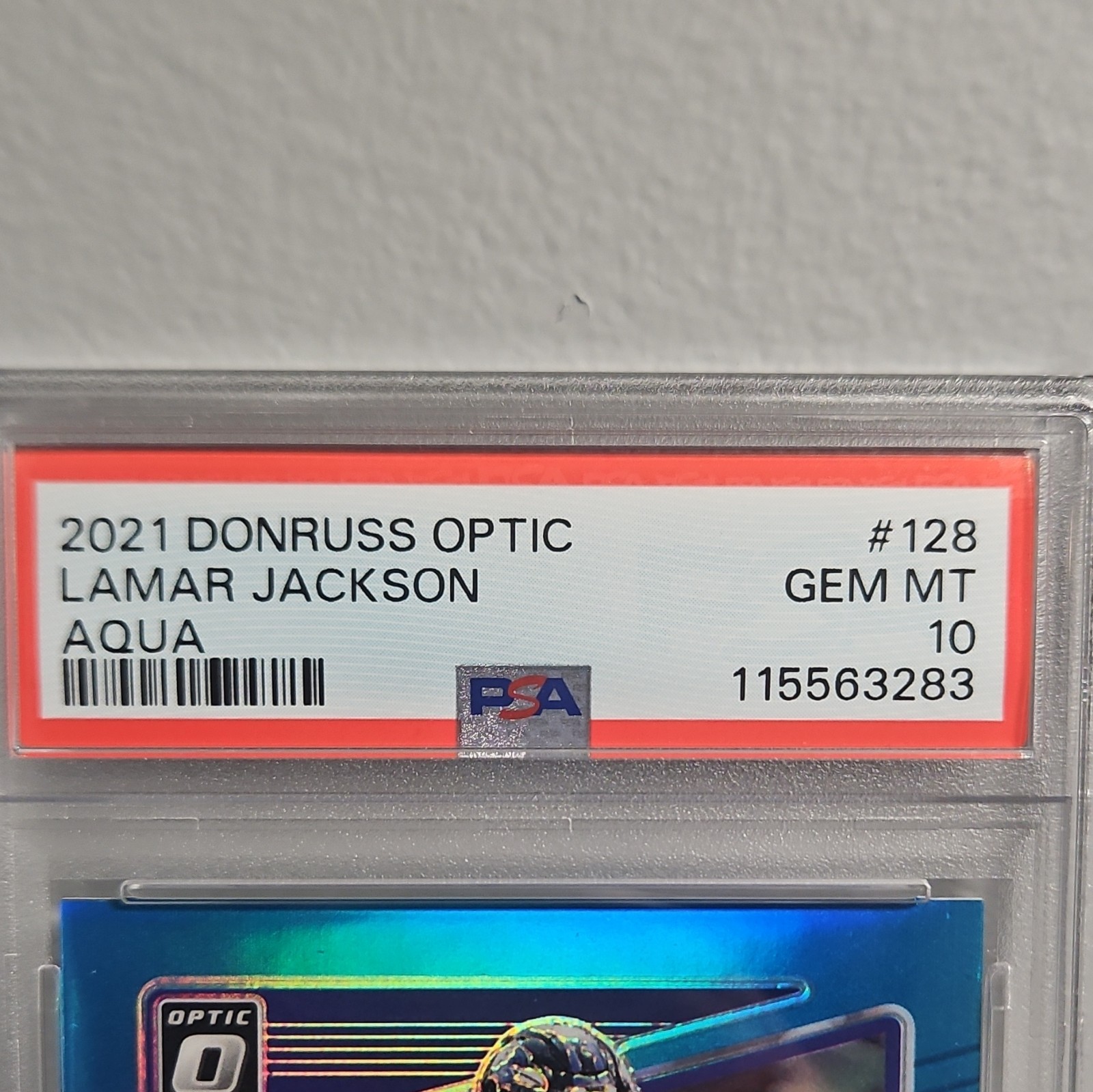 Panini 2021 Donruss Optic Lamar Jackson #128 Aqua Prizm /299 Ravens PSA 10 view 2