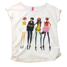 HXML top Teen/Junior L/ivory+ graphic  accent/short sleeves/elastic side rib