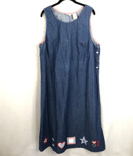 Vintage Denim Maxi Dress Women 16W Plus Size Blue Jean Country Embroidery Modest