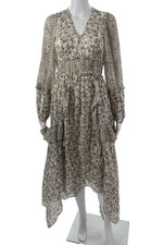 Ulla Johnson Women Fit & Flare Maxi Dress Beige Floral VNeck Long Sleeve Size 0