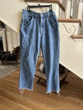 Vtg 80s H.I.S  Cropped Frayed Baggy Loose Denim Blue Jeans SZ 30
