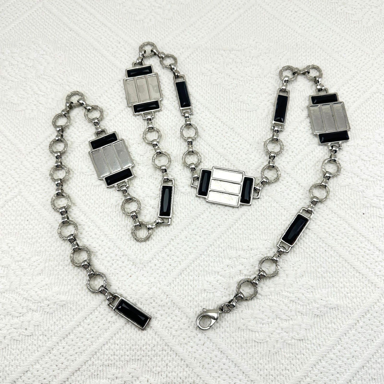 Belt Silver Tone Rectangular Setting with Black I… - image 1