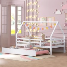 Wooden Platform Bed Single Size Daybed Frame w/ Full Length Safety Guardrails