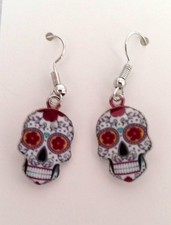 New Silvertone Decorated Skull Earrings Style R - Fun Halloween Day of the Dead