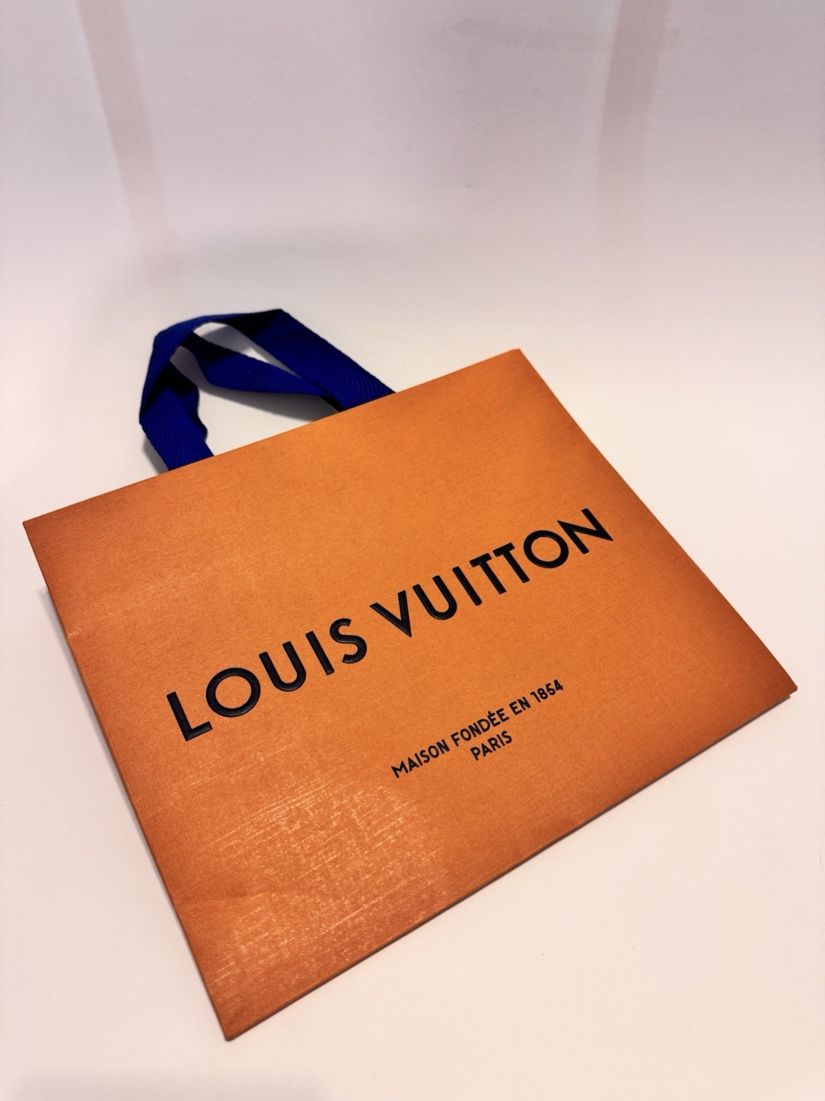 Louis Vuitton Medium Orange Gift Bag Blue Handles New Unused Authentic LV Logo thumbnail 4