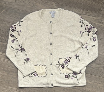 #ad Northern Traditions Vintage Cream Button Cardigan Sweater Floral Embroidered LG C $50.00