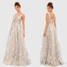 New Mac Duggal Sz 8 pink flower floral glitter Embroidered Illusion V-Neck Gown