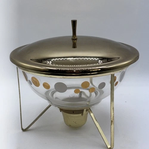 Vintage 1960s PYREX Glass W/ Gold & White Dots Warming Dish w/Brass Lid & Stand