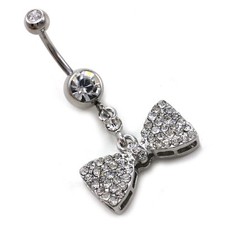 Ribbon Bow Tie Bowknot Dangle Belly Button Navel Ring Body Jewelry Silver Tone