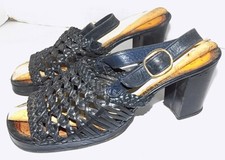Vintage Black Braided Platform Shoes Open Toes Ankle Strap 7 1/2