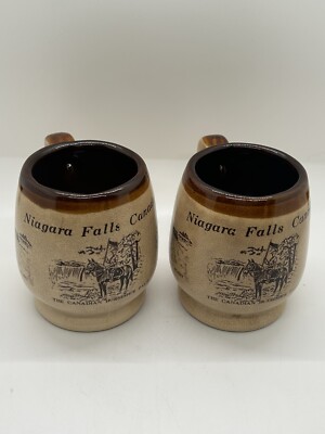2 Niagara Falls Canada Souvenir Stoneware 2 Tone Crackle Glaze Mug/W/Mounty