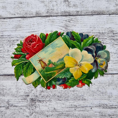 um 1900 Blumen Blüten Windmühle Stiefmütterchen Victorian Glanzbild Ephemera alt