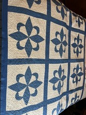 Vintage Handmade Quilt Crescent Star Blue And White Handstitched