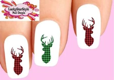 Waterslide Nail Decals Set of 20 - Christmas Red & Green Plaid Deer Assorted