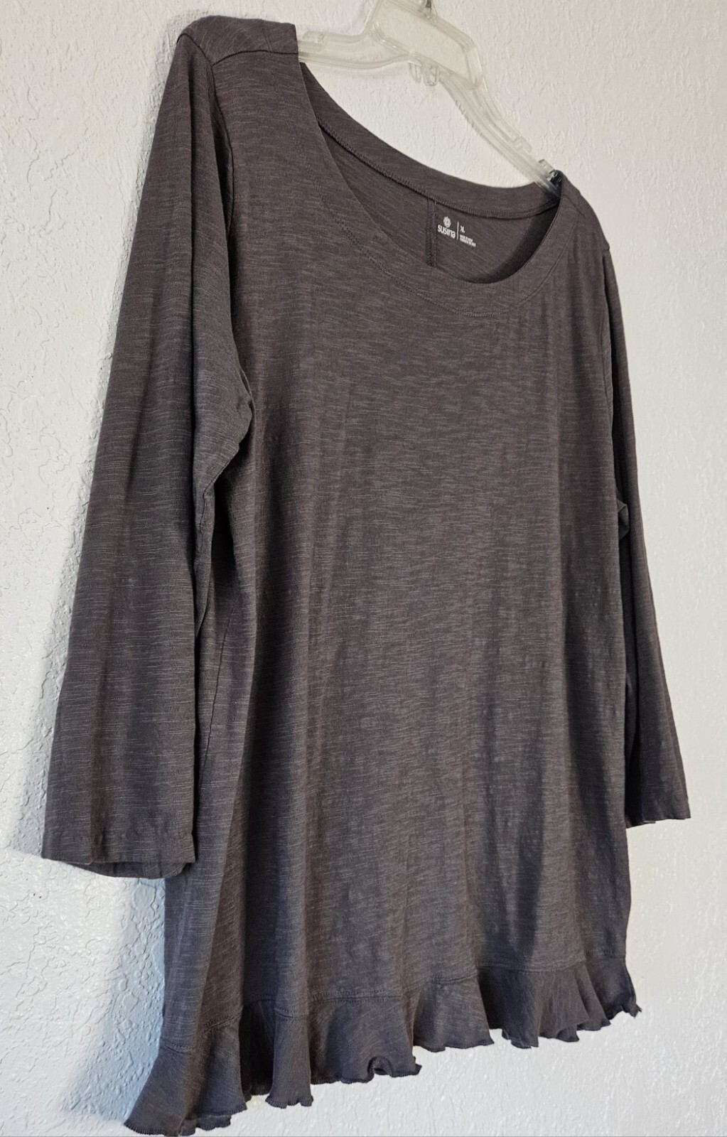 Susina Lightweight Ruffled Hem Top in Brown Gray Size XL Super Comfy Cute