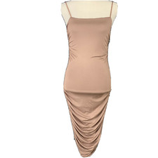 Fashion Nova Stretch Body Con Dress Women S Tan Ruching Open Cut Out Back  NWT