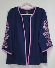 Bob Mackie Wearable Art Cardigan Women's Plus 1X Navy Blue Floral Embroidered