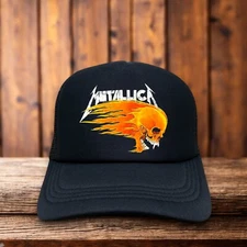 Metallica 90s Flames Mens Trucker Hat Black Snapback Heavy Metal Retro Cap