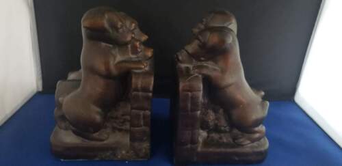 Pair of Vintage Metal Bookends Bronze 3 Hound Dog Puppies 3.5x4x6" - Picture 1 of 11