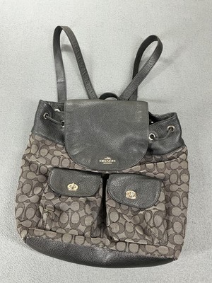 Coach Backpack Womens Medium Black Canvas Leather Signature Monogram Drawstring