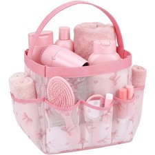 Pink Bow Mesh Shower Caddy for College Dorm Room, Coquette Preppy Hanging Sho...