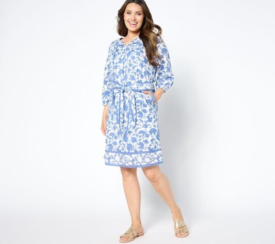 Studio Park x Amy Stran Tall Printed Self- Tie Dress Denim Blue XS New