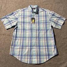 Roundtree Yorke Short Sleeve Button Up Shirt Mens Large NWT Blue Plaid Pocket 