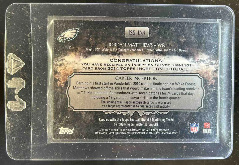 2014 Topps Inception Jordan Matthews Silver Signings RC Auto #48/50 Eagles - Image 2 of 2