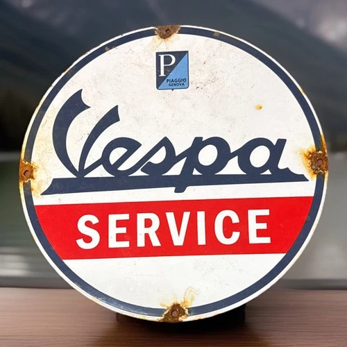 Vintage 12” VESPA SERVICE Porcelain Enamel Metal Dealer Sign