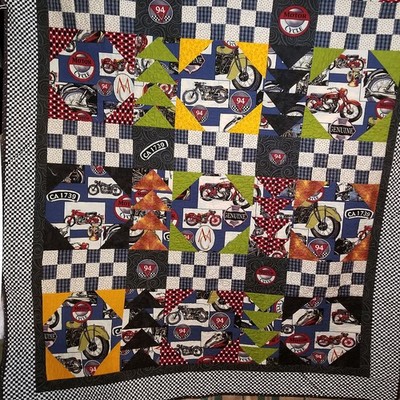 Vtg Handmade Harley Davidson Indian Vincent Motorcycle Patchwork Quilt Signed