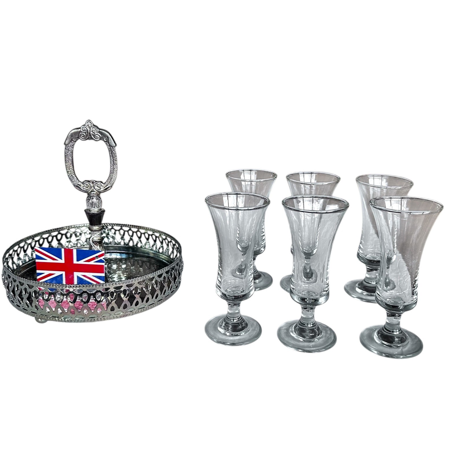 Vtg. Leonard Silver Mfg. 7 Piece Silver Plate + Crystal Cordial Set #8017 in Box