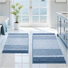 Elegant Blue Chenille Bath Rugs Set - Ultra-Soft  Washable 20"x32"  17"x24"