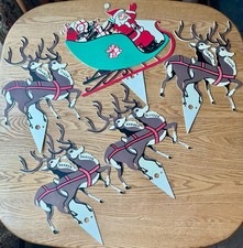 Vintage 1965 Union Plastics Christmas Santa & Sleigh Yard Stakes 5 Piece