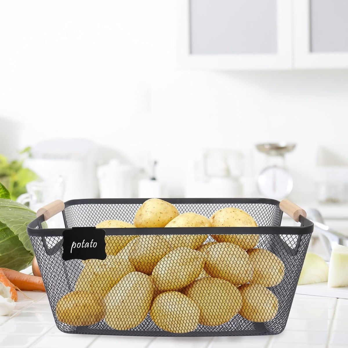 Xbopetda 3-Piece Potato Onion Garlic Storage Bin Set - Metal Mesh Baskets With Wooden Handles For Kitchen & Pantry - View #6