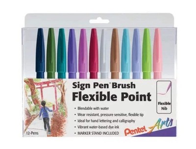 Pentel Arts Sign Pen Brush Tip, 12-Pack Assorted Colors- NEW Colors!