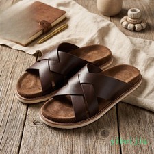 Men's Weaving Woven Slippers 100 Real Leather Mules Slippers Slides Shoes Beach