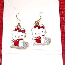 Hello Kitty Holiday Christmas Riding a Sleigh Gold Plated Dangle Drop Earrings