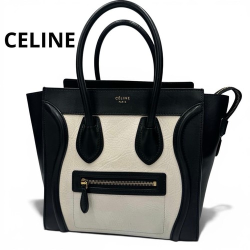 CELINE Luggage Micro Shopper Leather Tote Black White Auth