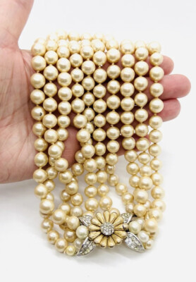 CINER 5 Strand Faux Champagne Pearl & Rhinestone Necklace Signed Vintage Jewelry