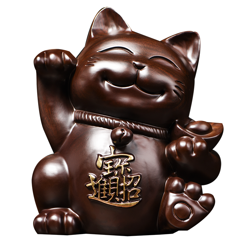 Arts and Crafts Ebony Wood Carved Maneki Neko Statue Lucky