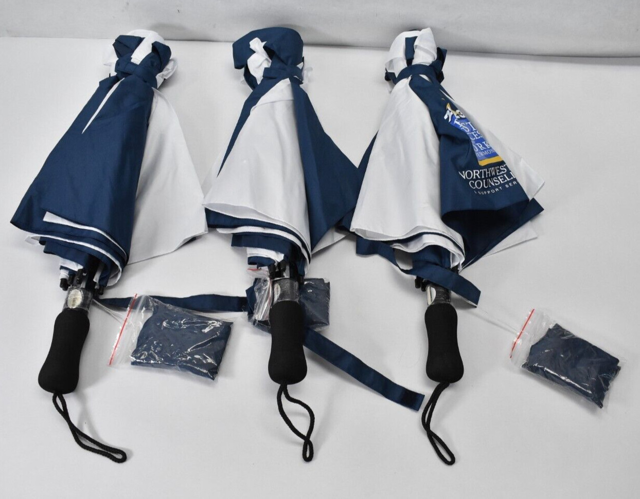 Lote de 3 paraguas azul/blanco marca los mejores lugares para trabajar en Vermont manual abierto