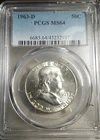 :1963-D 50C FRANKLIN HALF DOLLAR NEAR GEM PCGS MS64 BLAST WHITE HIGHEST GRADES