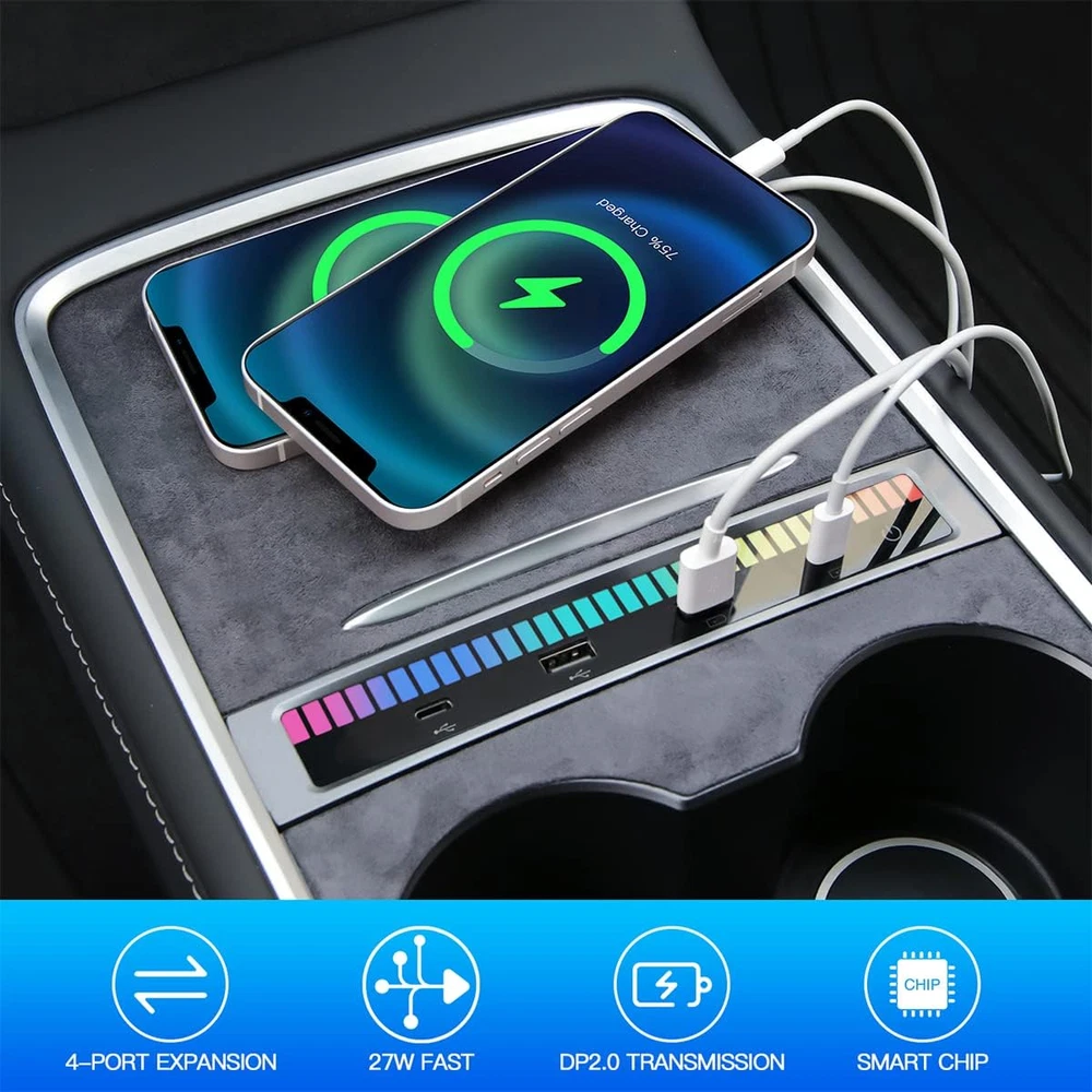 USB Hub Multi Port Docking Station Ambient Light for Tesla Model 3/Y 2021-2023