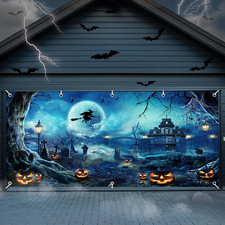 6X13 Ft Halloween Garage Door Banner Halloween Full Moon Scary Night Castle Pump