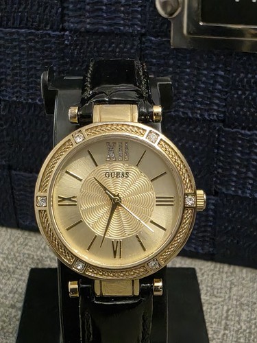 GOLD GUESS U3838L BLACK LEATHER BAND WOMEN'S WATCH. NEW BATTERY INSTALLED. - Picture 1 of 11
