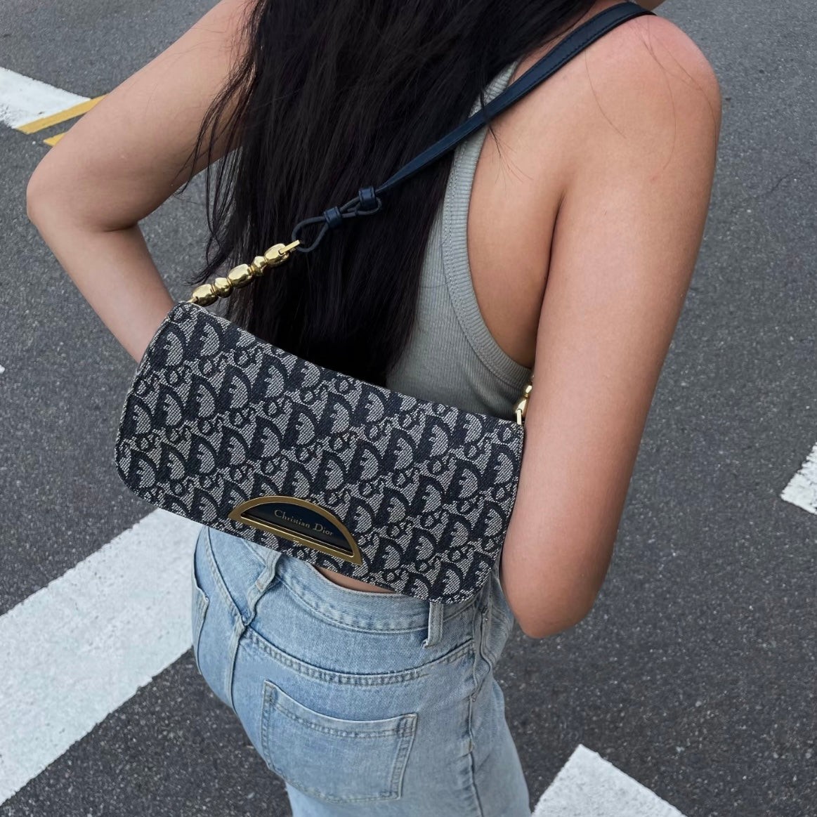 Auth CHRISTIAN DIOR Trotter Canvas Malice Pearl Shoulder Bag Navy