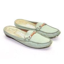 Ladies Salvatore Ferragamo Arema Gancini Pin Mules 6 B Green Leather Slip Shoes