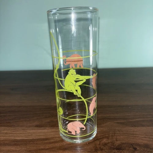 Vintage Federal Glass Tumbler Pink Elephants Monkey Treble Clef Replacement Tall
