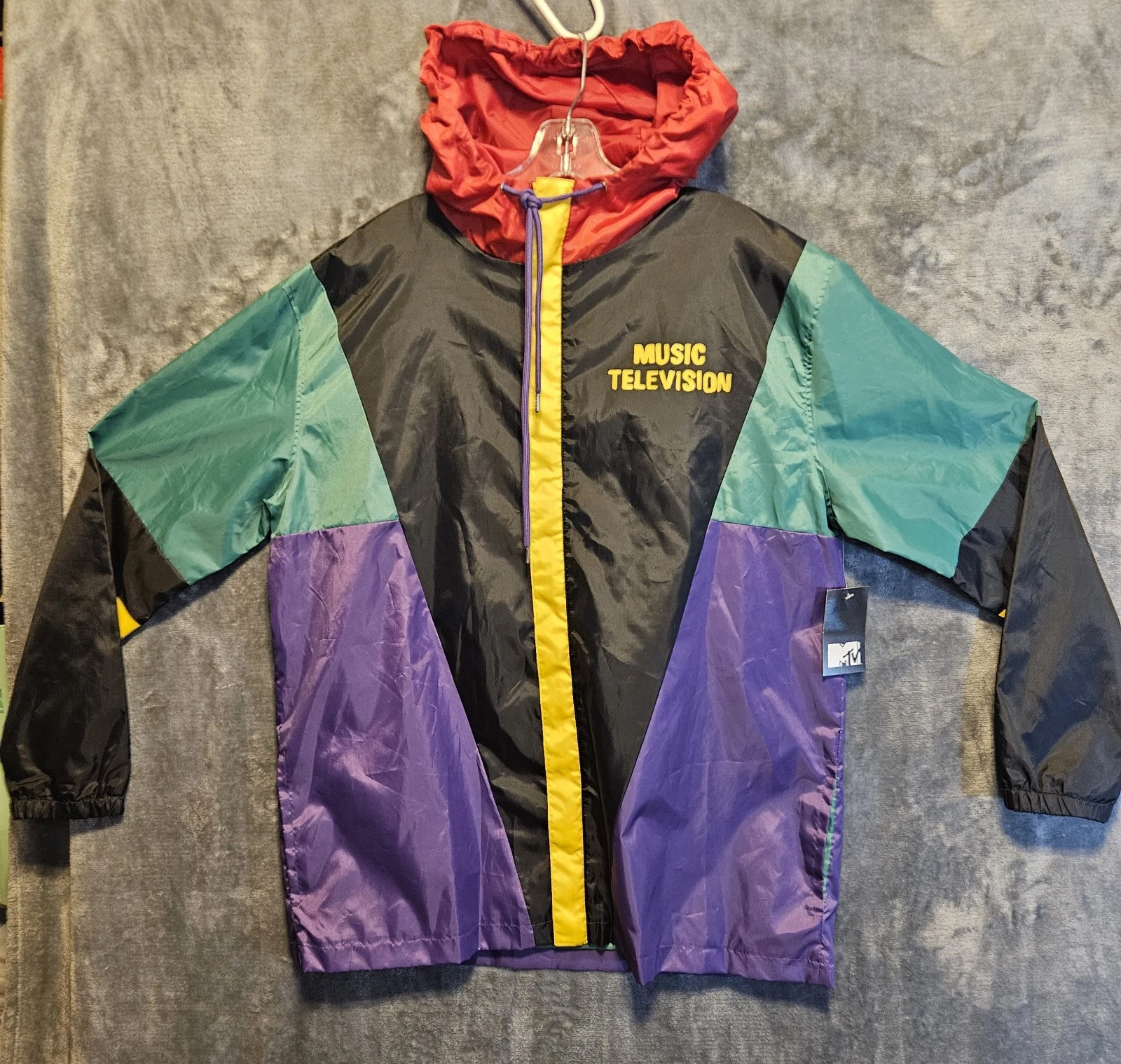 Retro MTV Music Television 2020 Windbreaker Jacket Hooded Colorblock Full ZIP XL